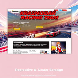 An anime-style rendering of a vibrant and dynamic Krasnodar Racing Team official webpage