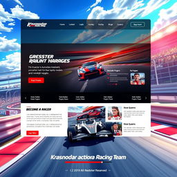 An anime-style rendering of a vibrant and dynamic Krasnodar Racing Team official webpage