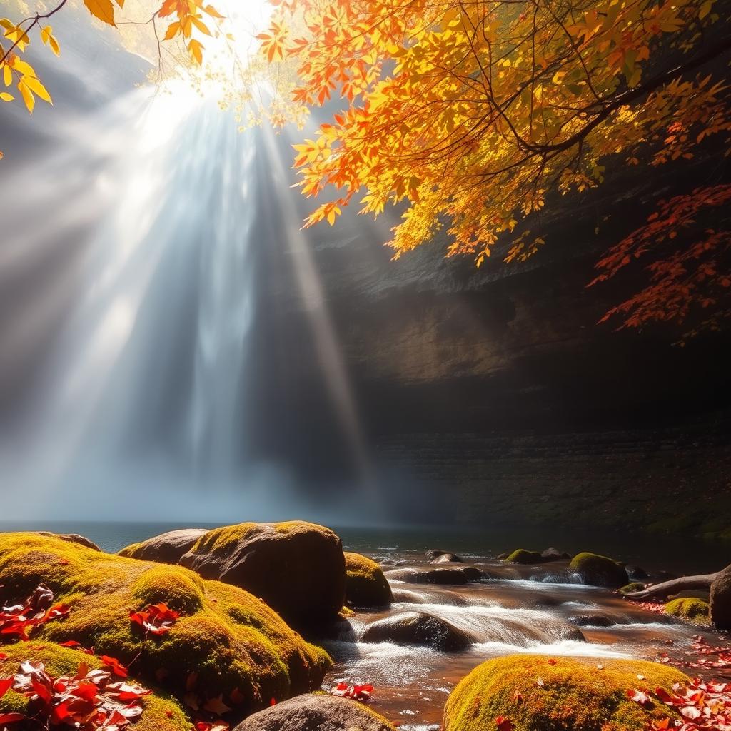 An ethereal waterfall cascading down rocky cliffs, surrounded by the vibrant colors of autumn foliage