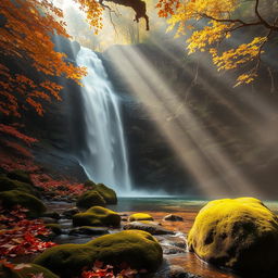 An ethereal waterfall cascading down rocky cliffs, surrounded by the vibrant colors of autumn foliage