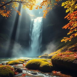 An ethereal waterfall cascading down rocky cliffs, surrounded by the vibrant colors of autumn foliage