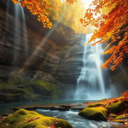 An ethereal waterfall cascading down rocky cliffs, surrounded by the vibrant colors of autumn foliage