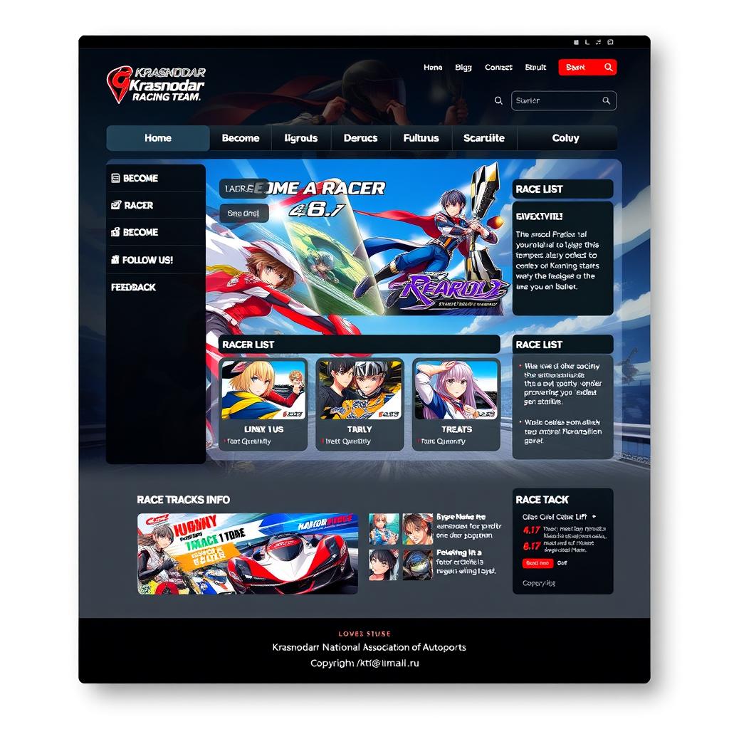 A detailed and vibrant webpage design for the Krasnodar Racing Team, featuring an anime-inspired aesthetic