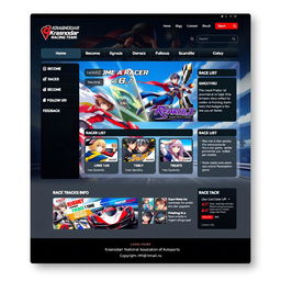 A detailed and vibrant webpage design for the Krasnodar Racing Team, featuring an anime-inspired aesthetic