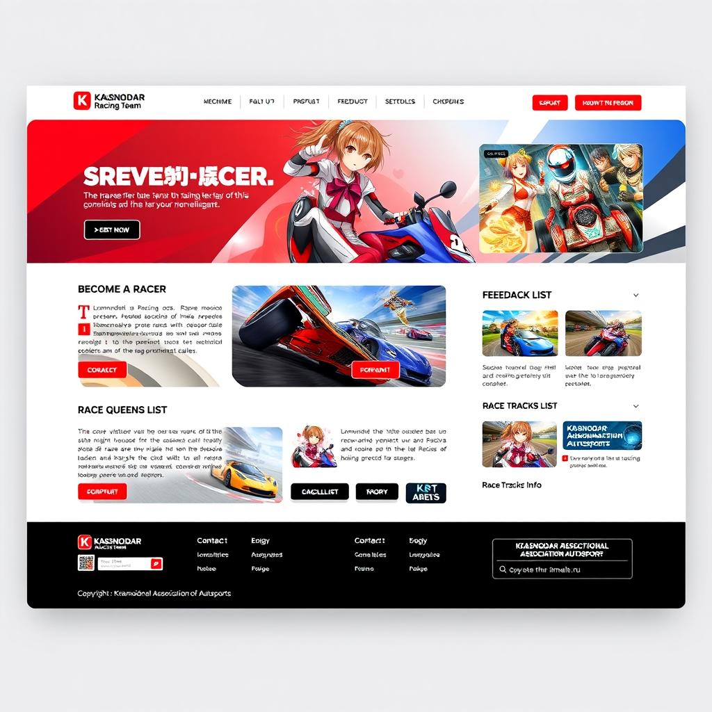 A detailed and vibrant webpage design for the Krasnodar Racing Team, featuring an anime-inspired aesthetic