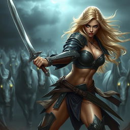 A sexy blonde warrior babe in a fierce battle stance, wielding a gleaming sword as she fights against a horde of undead horses