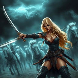 A sexy blonde warrior babe in a fierce battle stance, wielding a gleaming sword as she fights against a horde of undead horses