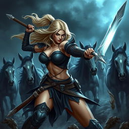 A sexy blonde warrior babe in a fierce battle stance, wielding a gleaming sword as she fights against a horde of undead horses