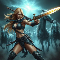 A sexy blonde warrior babe in a fierce battle stance, wielding a gleaming sword as she fights against a horde of undead horses