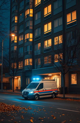 A large panel residential building illuminated by glowing windows, featuring multiple entrances, during a night scene in late autumn