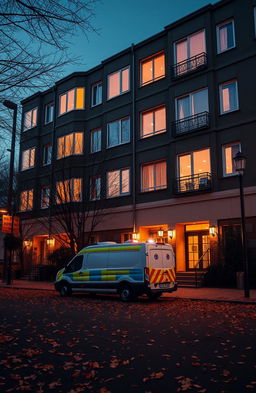 A large panel residential building illuminated by glowing windows, featuring multiple entrances, during a night scene in late autumn