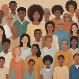 A symbolic representation of a diverse group of people, showcasing cultures, ages, genders, and races harmoniously coexisting and interacting with one another.