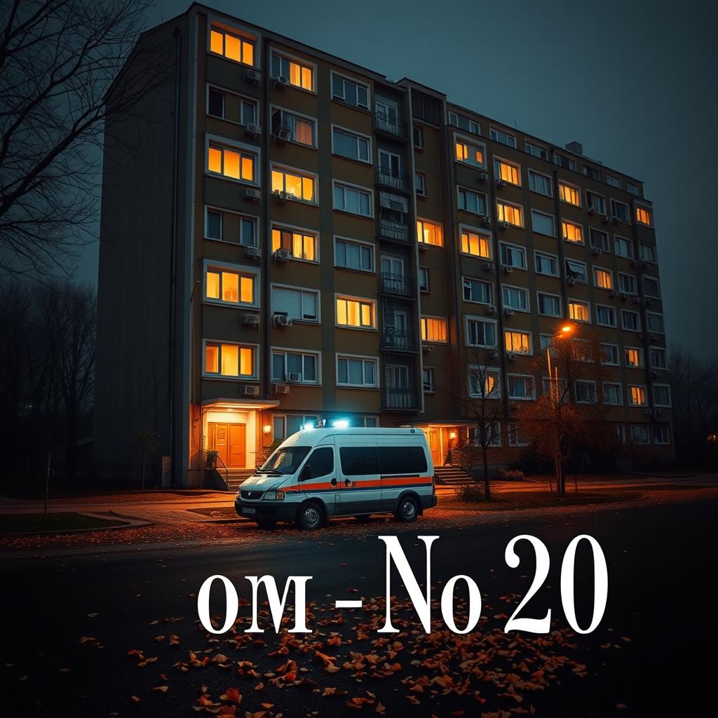 A book cover design featuring a large Khrushchyovka residential building with glowing windows and multiple entrances, depicted at night in late autumn