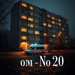 A book cover design featuring a large Khrushchyovka residential building with glowing windows and multiple entrances, depicted at night in late autumn