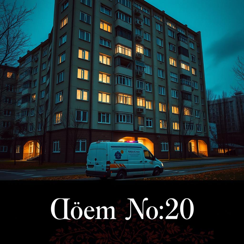 A book cover design featuring a large Khrushchyovka residential building with glowing windows and multiple entrances, depicted at night in late autumn