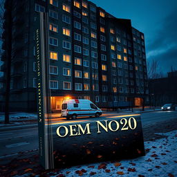 A book cover design featuring a large Khrushchyovka residential building with glowing windows and multiple entrances, depicted at night in late autumn