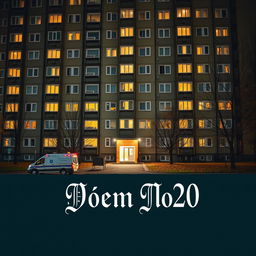 A book cover design featuring a large Khrushchyovka residential building with glowing windows and multiple entrances, depicted at night in late autumn