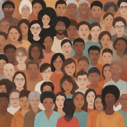 A symbolic representation of a diverse group of people, showcasing cultures, ages, genders, and races harmoniously coexisting and interacting with one another.