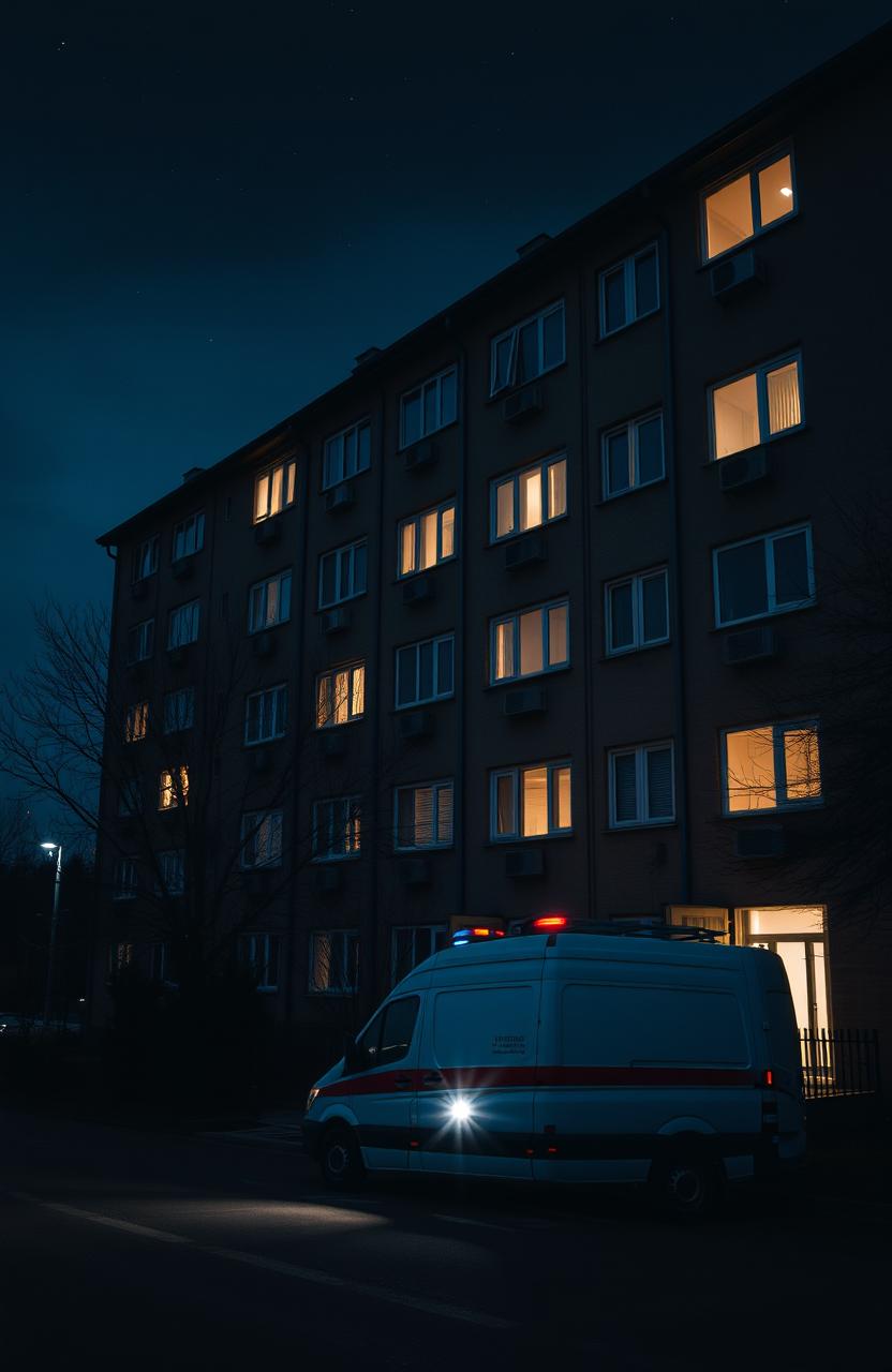 A detailed nighttime scene featuring a Soviet-era apartment building (chruščovka) with glowing windows illuminating the dark exterior