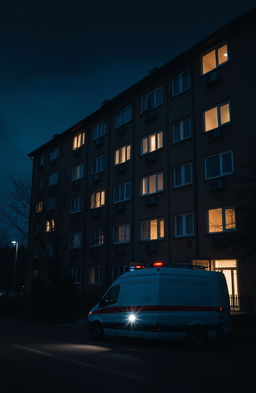 A detailed nighttime scene featuring a Soviet-era apartment building (chruščovka) with glowing windows illuminating the dark exterior