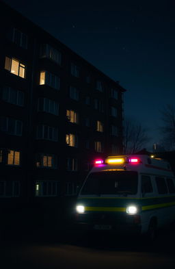 A detailed nighttime scene featuring a Soviet-era apartment building (chruščovka) with glowing windows illuminating the dark exterior