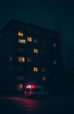 A detailed nighttime scene featuring a Soviet-era apartment building (chruščovka) with glowing windows illuminating the dark exterior