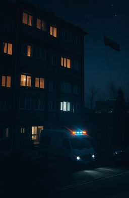 A detailed nighttime scene featuring a Soviet-era apartment building (chruščovka) with glowing windows illuminating the dark exterior