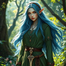 A stunning female elf druid with long flowing blue hair and striking grey eyes, exuding beauty and grace