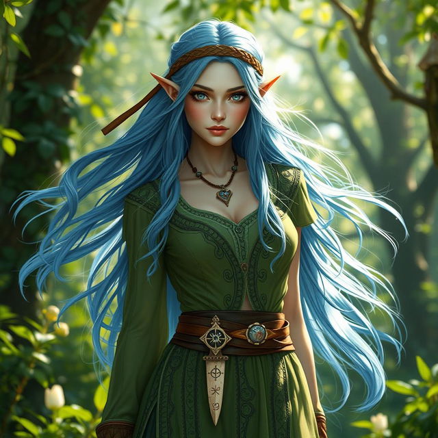 A stunning female elf druid with long flowing blue hair and striking grey eyes, exuding beauty and grace