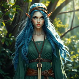 A stunning female elf druid with long flowing blue hair and striking grey eyes, exuding beauty and grace