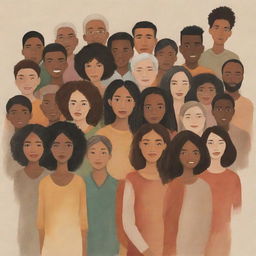 A symbolic representation of a diverse group of people, showcasing cultures, ages, genders, and races harmoniously coexisting and interacting with one another.