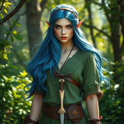 A stunning female elf druid with long flowing blue hair and striking grey eyes, exuding beauty and grace