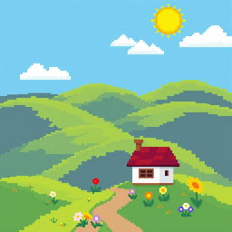 A vibrant 20x20 pixel art design featuring a charming landscape scene with rolling hills, a bright sun in the corner, fluffy white clouds, a few colorful flowers in the foreground, and a small pixelated cottage with a red roof