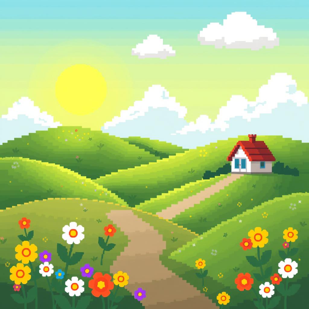 A vibrant 20x20 pixel art design featuring a charming landscape scene with rolling hills, a bright sun in the corner, fluffy white clouds, a few colorful flowers in the foreground, and a small pixelated cottage with a red roof