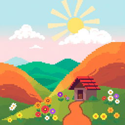 A vibrant 20x20 pixel art design featuring a charming landscape scene with rolling hills, a bright sun in the corner, fluffy white clouds, a few colorful flowers in the foreground, and a small pixelated cottage with a red roof