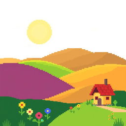 A vibrant 20x20 pixel art design featuring a charming landscape scene with rolling hills, a bright sun in the corner, fluffy white clouds, a few colorful flowers in the foreground, and a small pixelated cottage with a red roof