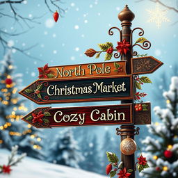 A beautifully decorated holiday-themed directional signboard for Christmas, featuring intricate designs such as snowflakes, holly leaves, and Christmas ornaments