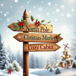 A beautifully decorated holiday-themed directional signboard for Christmas, featuring intricate designs such as snowflakes, holly leaves, and Christmas ornaments