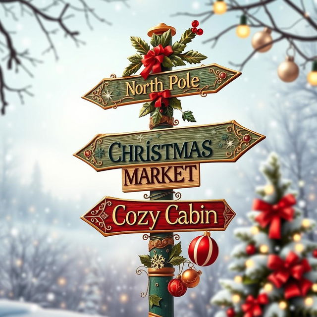 A beautifully decorated holiday-themed directional signboard for Christmas, featuring intricate designs such as snowflakes, holly leaves, and Christmas ornaments