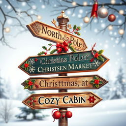 A beautifully decorated holiday-themed directional signboard for Christmas, featuring intricate designs such as snowflakes, holly leaves, and Christmas ornaments