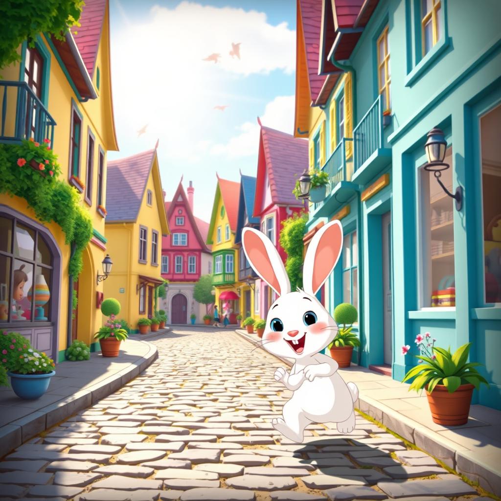 On a bright morning, a cheerful little white rabbit is happily walking along a cobblestone street in a quaint town