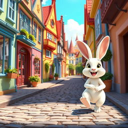 On a bright morning, a cheerful little white rabbit is happily walking along a cobblestone street in a quaint town