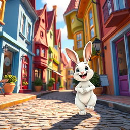 On a bright morning, a cheerful little white rabbit is happily walking along a cobblestone street in a quaint town