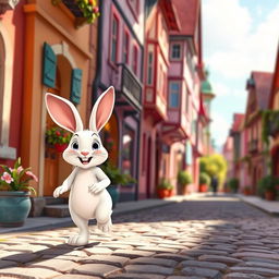 On a bright morning, a cheerful little white rabbit is happily walking along a cobblestone street in a quaint town