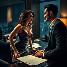 A seductive secretary in a stylish office setting, wearing an elegant yet alluring outfit, engaging in a flirtatious exchange with her handsome boss