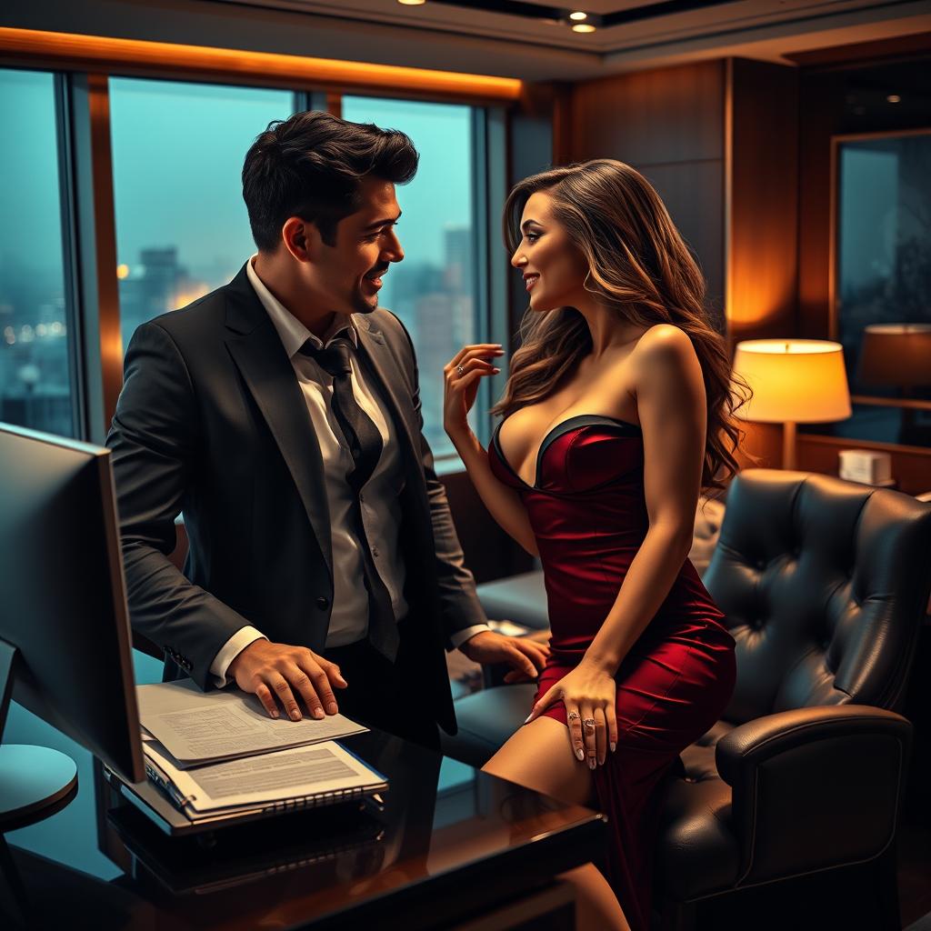 A seductive secretary in a stylish office setting, wearing an elegant yet alluring outfit, engaging in a flirtatious exchange with her handsome boss