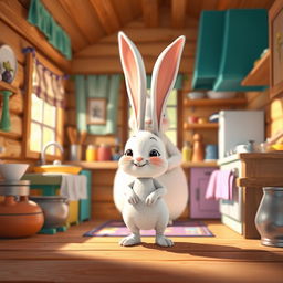 On a bright morning, a little white rabbit is standing in the kitchen of a cozy wooden house