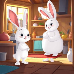 On a bright morning, a little white rabbit is standing in the kitchen of a cozy wooden house