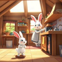 On a bright morning, a little white rabbit is standing in the kitchen of a cozy wooden house