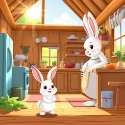 On a bright morning, a little white rabbit is standing in the kitchen of a cozy wooden house